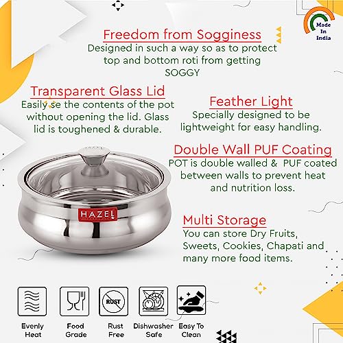 Hazel طاجن هازيل من الفولاذ المقاوم للصدأ مع غطاء زجاجي | 2500 مل حافظة ساخنة للشباتي، تقديم الطعام | علبة روتي من الفولاذ | هدية ديوالي لأدوات المطبخ - Image 3