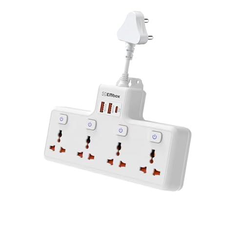 Embox Multi Plug Socket 20W Type-C PD Charging| Individual Switch-Cordless Extension Board with USB Port (QC3.0) |Fast Charging Multi Socket Plug Point, 2500W White - Image 1