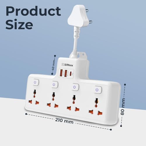 Embox Multi Plug Socket 20W Type-C PD Charging| Individual Switch-Cordless Extension Board with USB Port (QC3.0) |Fast Charging Multi Socket Plug Point, 2500W White - Image 3