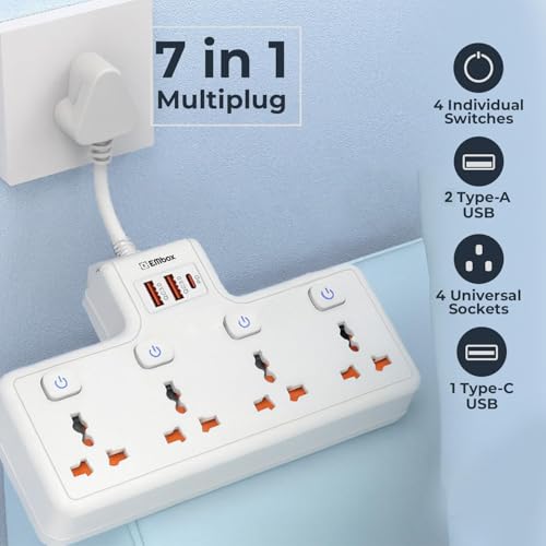 Embox Multi Plug Socket 20W Type-C PD Charging| Individual Switch-Cordless Extension Board with USB Port (QC3.0) |Fast Charging Multi Socket Plug Point, 2500W White - Image 5