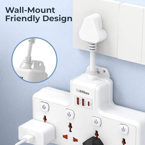 Embox Multi Plug Socket 20W Type-C PD Charging| Individual Switch-Cordless Extension Board with USB Port (QC3.0) |Fast Charging Multi Socket Plug Point, 2500W White - Image 4