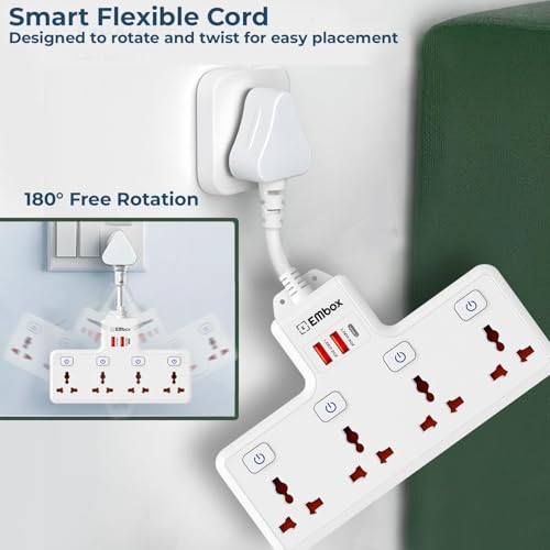 Embox Multi Plug Socket 20W Type-C PD Charging| Individual Switch-Cordless Extension Board with USB Port (QC3.0) |Fast Charging Multi Socket Plug Point, 2500W White - Image 2