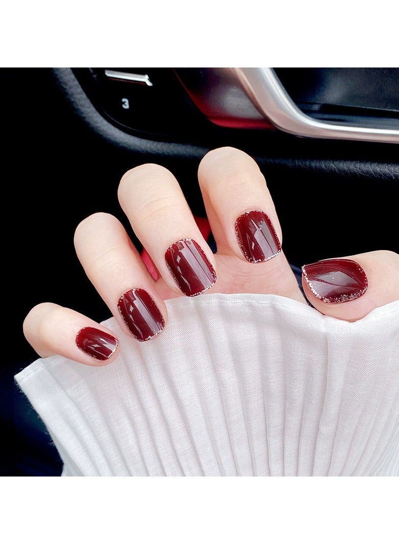 Goolsky Burgundy Jelly Press On Nails Short Style Silver Edge Glitter Printed Fake Nail Tips Wholesale  - Image 3