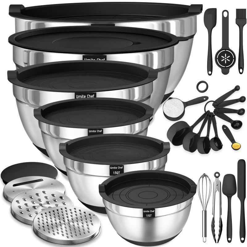 Umite Chef Mixing Bowls with Airtight Lids, 26Pcs Stainless Steel Bowls Set, 3 Grater Attachments & Black Non-Slip Bottoms Size 7, 4, 2.5, 2.0,1.5, 1QT, Great for Mixing & Serving - Image 1