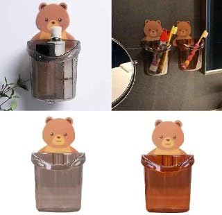 POPLEY Multipurpose Wall Mount Teddy Bear Toothbrush Holder Cup. ABS Plastic with Strong Adhesive Sticker. Easy Installation. No Nails No Drills. - Image 1