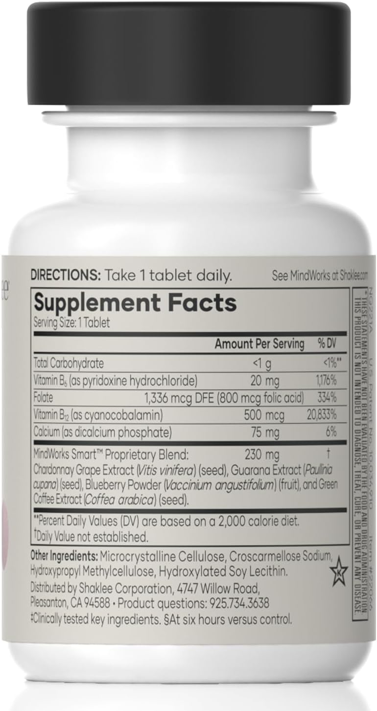 Shaklee MindWorks  Brain Health Supplement for Brain Sharpness  Focus  Supported Nutrients  Extracts  Chardonnay Grape Seed Polyphenols Guarana Extract Vitamins B6 B12 Folate  30 Tablets - Image 2