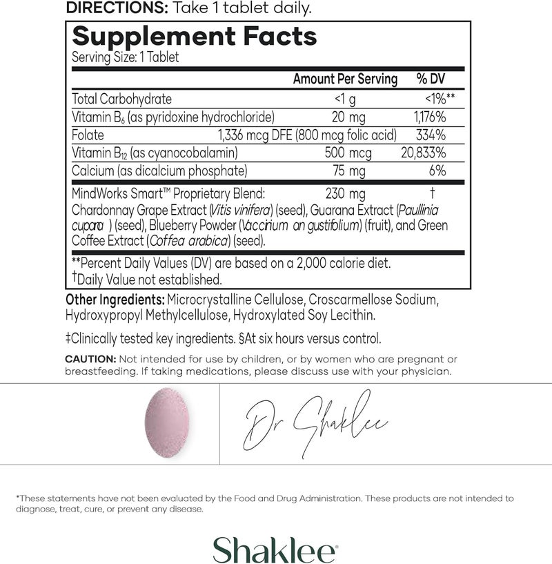Shaklee MindWorks  Brain Health Supplement for Brain Sharpness  Focus  Supported Nutrients  Extracts  Chardonnay Grape Seed Polyphenols Guarana Extract Vitamins B6 B12 Folate  30 Tablets - Image 3