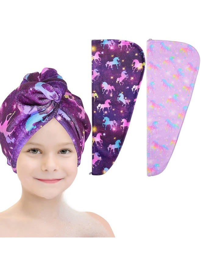 Basumee Microfiber Hair Towel Wrap for Kids 2 Pack Rapid Drying Hair Towel with Button Hair Turbans for Wet Hair Wraps Head Towel Wrap for Women and Girls, Dark Unicorn - Image 1