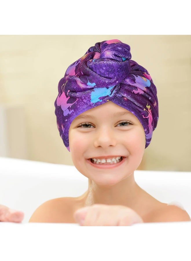 Basumee Microfiber Hair Towel Wrap for Kids 2 Pack Rapid Drying Hair Towel with Button Hair Turbans for Wet Hair Wraps Head Towel Wrap for Women and Girls, Dark Unicorn - Image 3