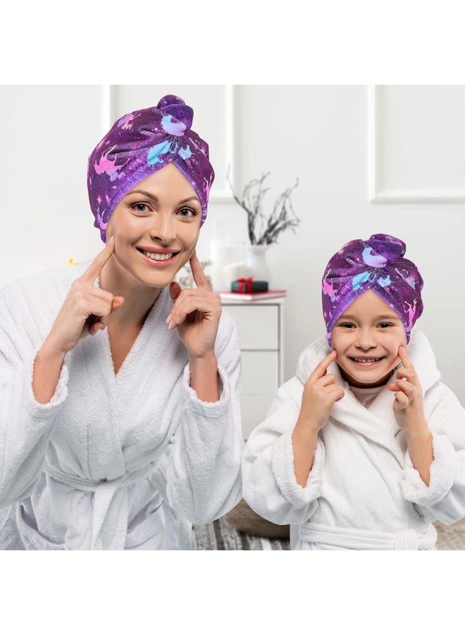 Basumee Microfiber Hair Towel Wrap for Kids 2 Pack Rapid Drying Hair Towel with Button Hair Turbans for Wet Hair Wraps Head Towel Wrap for Women and Girls, Dark Unicorn - Image 2