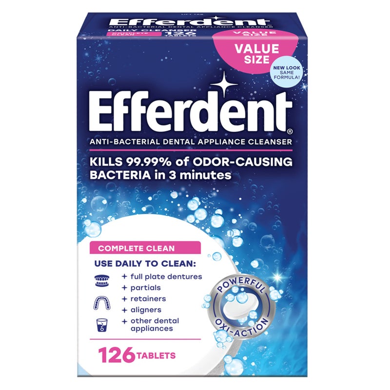 Efferdent أقراص تنظيف المثبات إيفيردينت، أقراص تنظيف أطقم الأسنان لأجهزة الأسنان، تنظيف كامل، 126 قرصًا - Image 1