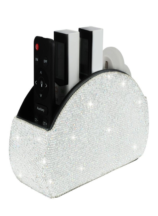 KEYPOWER Remote Control Holder Organizer Table Desk Leather Control Storage TV Remote Control Organizer with 5 Spacious Compartments Bling Crystal Luxury Handmade Diamond (White) - Image 1