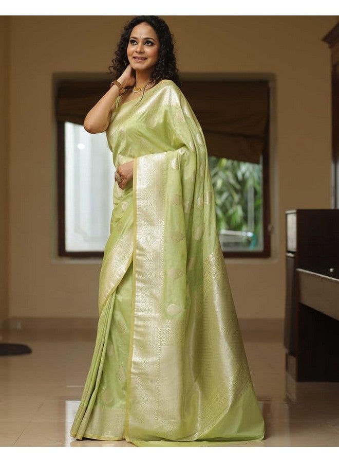 SIRIL ساري سيريلي للنساء من حرير كانجيفارام الناعم ساري حرير نقي مع قطعة بلوز غير مخيطة (4192S785_أخضر فاتح) - Image 2