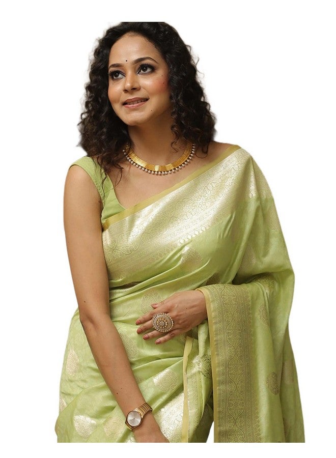 SIRIL ساري سيريلي للنساء من حرير كانجيفارام الناعم ساري حرير نقي مع قطعة بلوز غير مخيطة (4192S785_أخضر فاتح) - Image 1