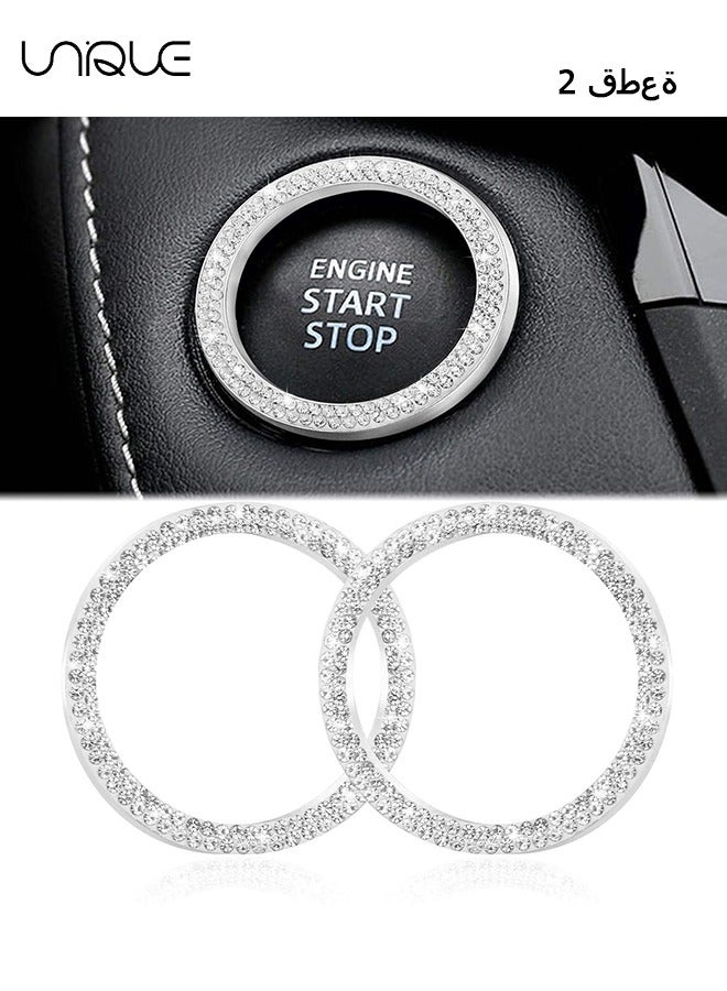 يونيك 2 قطع زر بدء تشغيل السيارة ملصق ديكور - كريستال حجر الراين الدائري لديكور السيارة - بلينغ ديكور ملصق شعار السيارة - اضغط لبدء زر - مفتاح الإشعال كاتب (فضي) - Image 1