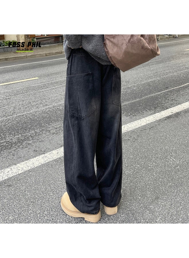 Foss Phil Men's Jeans, Spring And Summer American High Street Curved Knife Pants, Loose Wide-leg Paratrooper Pants, G139 Faded Black, Size M - Image 5
