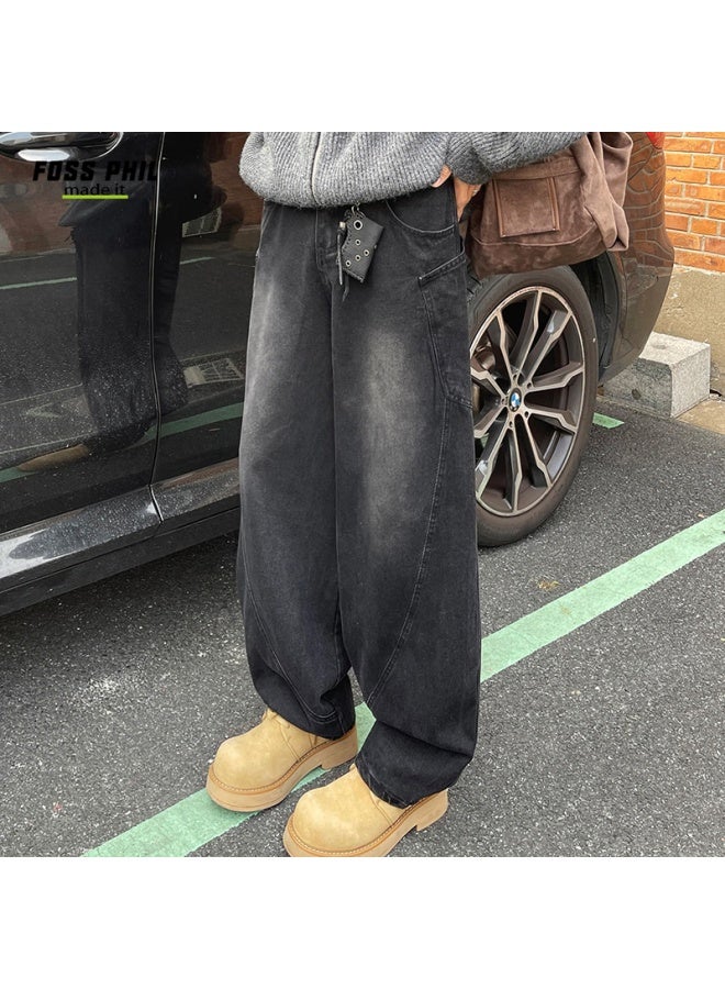 Foss Phil Men's Jeans, Spring And Summer American High Street Curved Knife Pants, Loose Wide-leg Paratrooper Pants, G139 Faded Black, Size M - Image 4