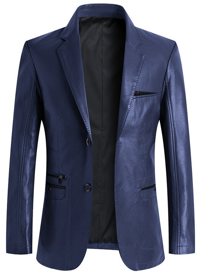 Loquat Men's Regular Fit Button Slim Business Lambskin Leather Blazer Suit Jacket Navy Blue  - Image 1