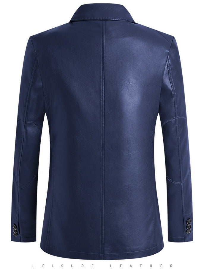 Loquat Men's Regular Fit Button Slim Business Lambskin Leather Blazer Suit Jacket Navy Blue  - Image 2