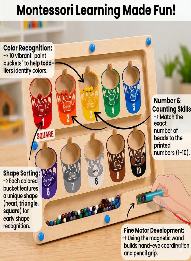 MARA BOMMAI MAR BOMMAI Wooden Magnetic Color Sorting Board for Kids, Montessori Counting & Matching Maze Game with Magnetic Pen, Educational Learning Toy for Color Recognition and Number Skills, Age 3+ - Image 2