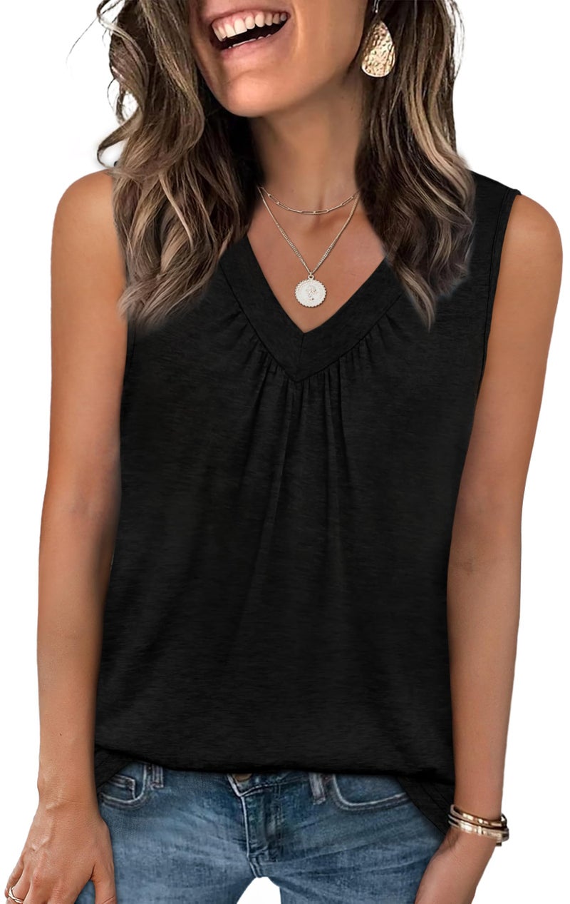 OFEEFAN Plus Size Tops for Women Black Tank Top Woman Summer V Neck Pleated Front T-Shirts Loose Fit 2XL - Image 1