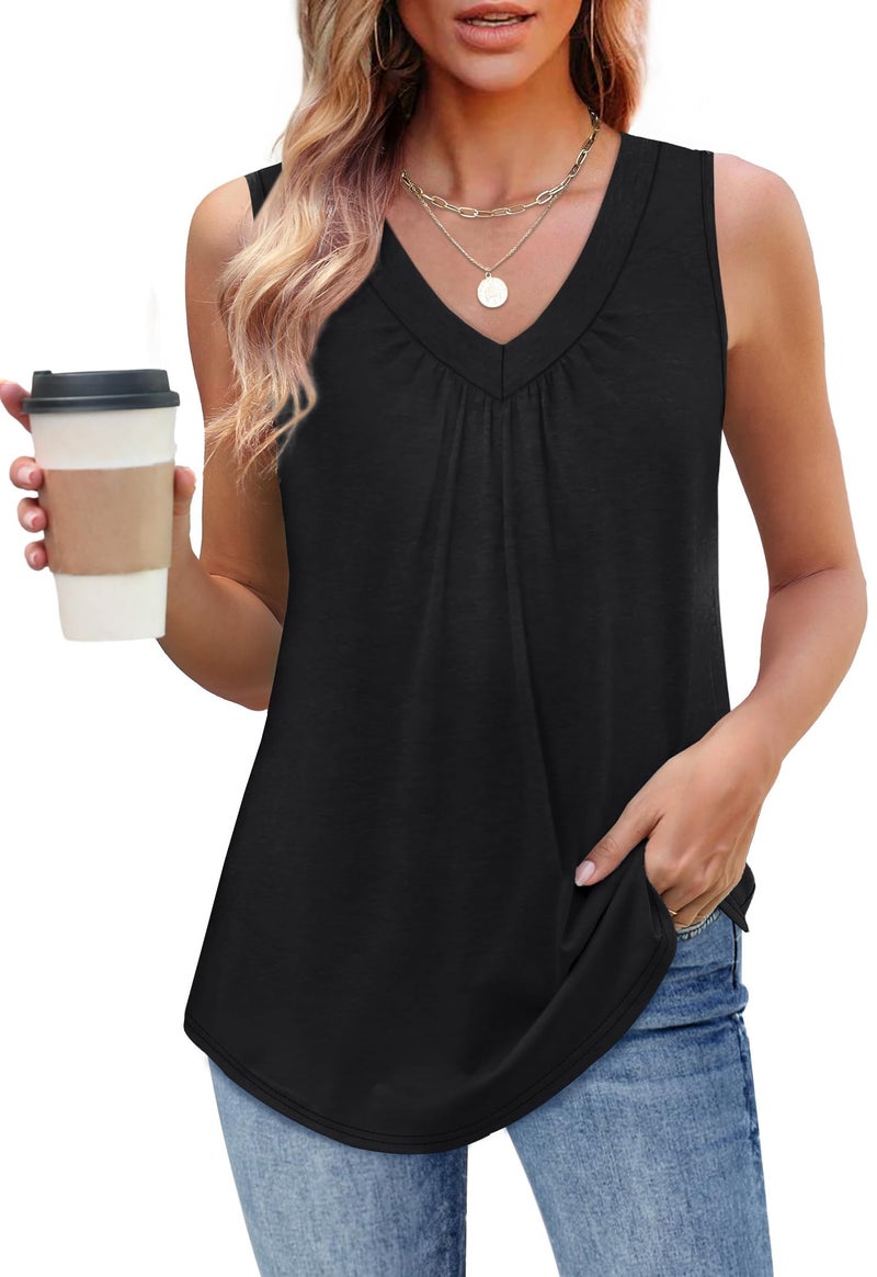 OFEEFAN Plus Size Tops for Women Black Tank Top Woman Summer V Neck Pleated Front T-Shirts Loose Fit 2XL - Image 2