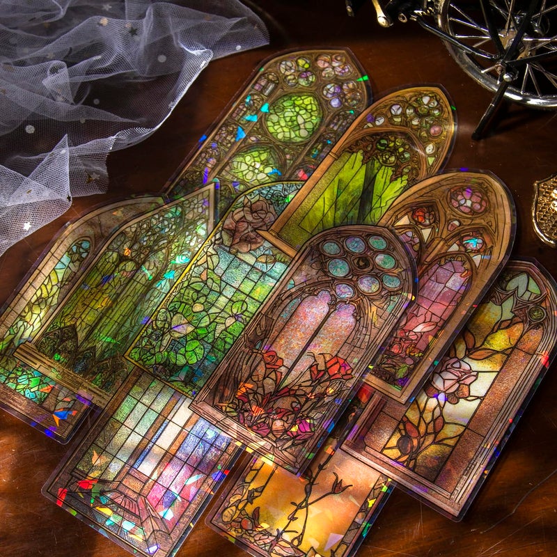 YOKSAS 60PCS Large Holographic Gothic Stained Glass Window Medieval Stickers â€“ Vintage Clear Cathedral Religious Art Decals for Scrapbooking, Journaling, Christian Bible Study, Art Crafts Supplies - Image 1
