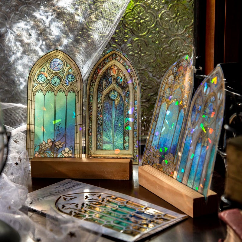 YOKSAS 60PCS Large Holographic Gothic Stained Glass Window Medieval Stickers â€“ Vintage Clear Cathedral Religious Art Decals for Scrapbooking, Journaling, Christian Bible Study, Art Crafts Supplies - Image 2