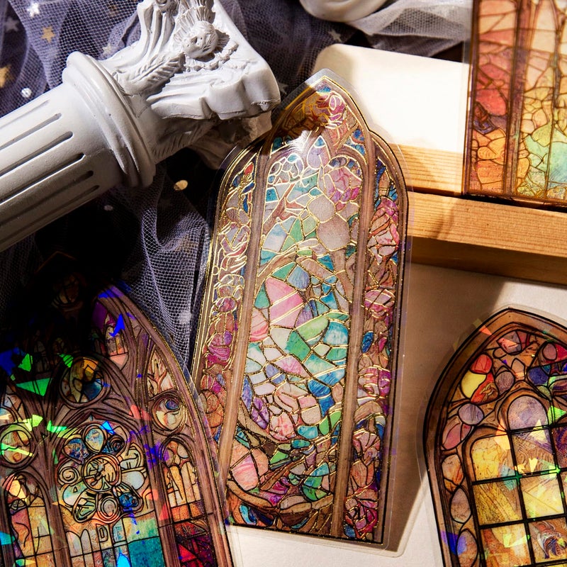 YOKSAS 60PCS Large Holographic Gothic Stained Glass Window Medieval Stickers â€“ Vintage Clear Cathedral Religious Art Decals for Scrapbooking, Journaling, Christian Bible Study, Art Crafts Supplies - Image 3