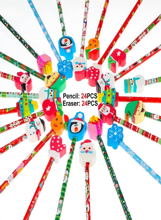 Qpout 24pcs Christmas Pencils With 24pcs Christmas Erasers Toppers, Christmas Pencils for Children, Christmas Pencils and Rubbers, Christmas Pencils for Kids Xmas Stocking Fillers Gifts School Prize - Image 3