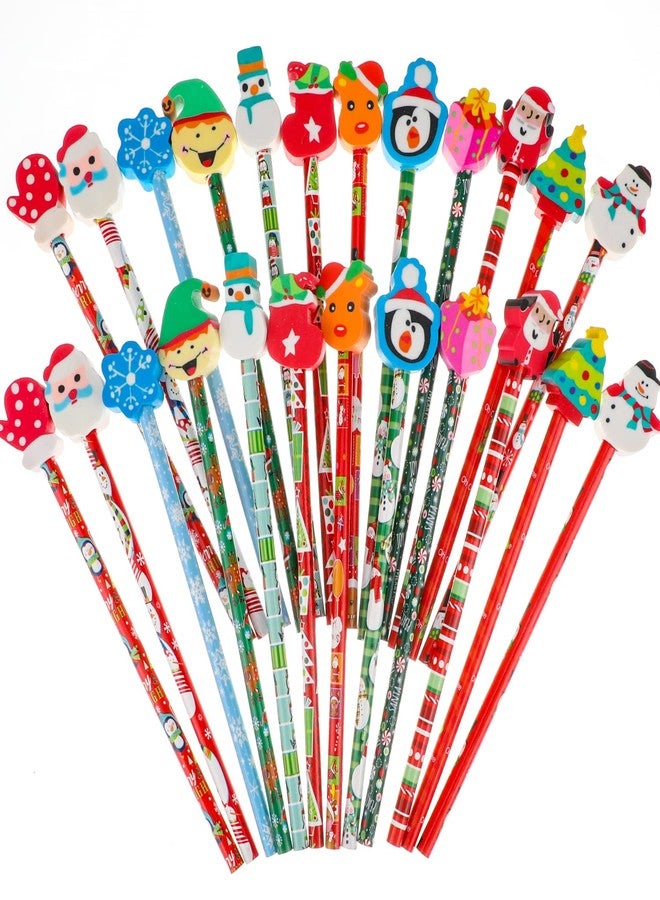 Qpout 24pcs Christmas Pencils With 24pcs Christmas Erasers Toppers, Christmas Pencils for Children, Christmas Pencils and Rubbers, Christmas Pencils for Kids Xmas Stocking Fillers Gifts School Prize - Image 2