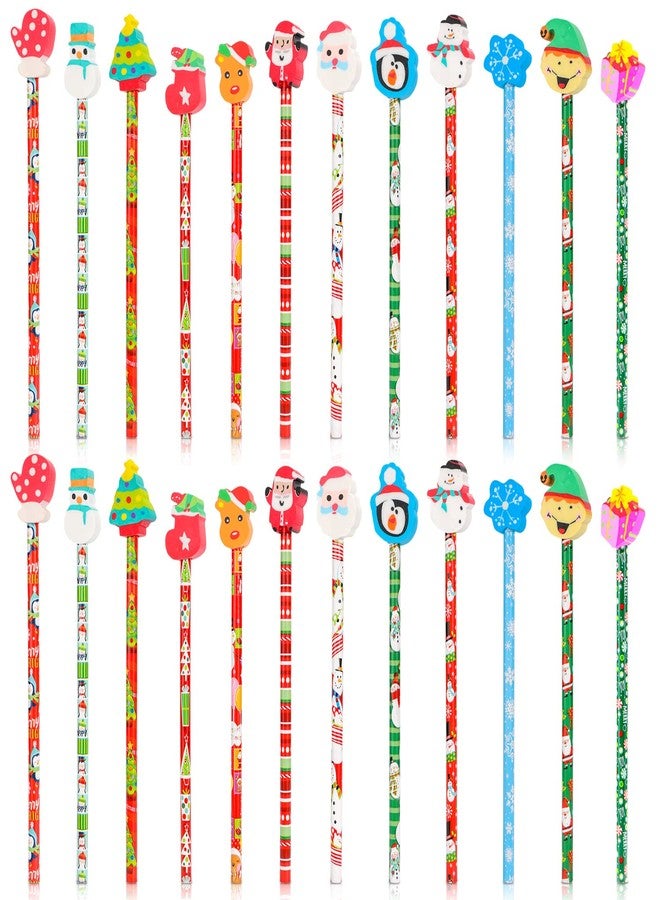 Qpout 24pcs Christmas Pencils With 24pcs Christmas Erasers Toppers, Christmas Pencils for Children, Christmas Pencils and Rubbers, Christmas Pencils for Kids Xmas Stocking Fillers Gifts School Prize - Image 1