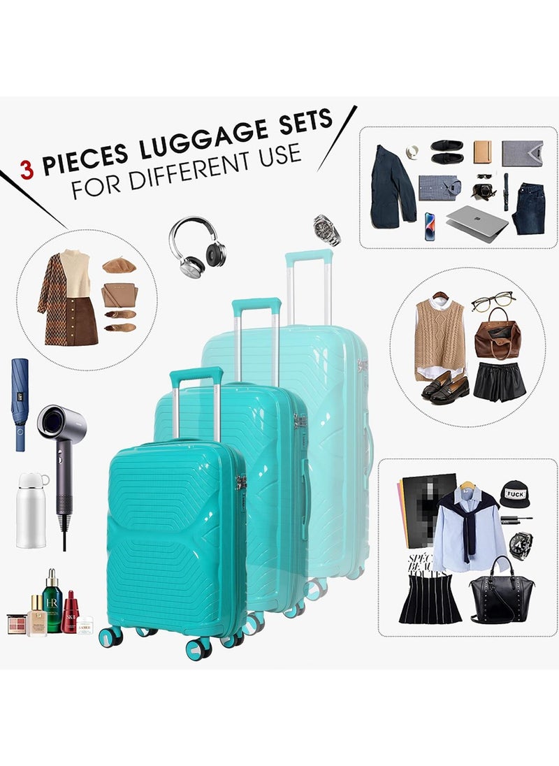 3-Piece Polypropylene Travel Luggage Set, Light Weight with 360 Degree Rotation Wheels, Unbreakable luggage and Anti-Theft Zipper with TSA lock, 20/24/28 Inch sizes