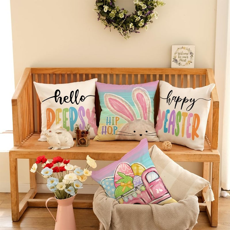 GEEORY Happy Easter Pillow Covers 18x18 Inch Set of 4, Rabbits Bunny Hello Peeps Eggs Truck Striped Hip Hop Farmhouse Decorative Throw Pillowcases for Home Sofa Couch Decoration G482-18 - Image 2