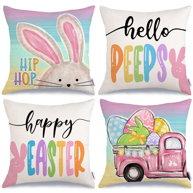 GEEORY Happy Easter Pillow Covers 18x18 Inch Set of 4, Rabbits Bunny Hello Peeps Eggs Truck Striped Hip Hop Farmhouse Decorative Throw Pillowcases for Home Sofa Couch Decoration G482-18 - Image 1