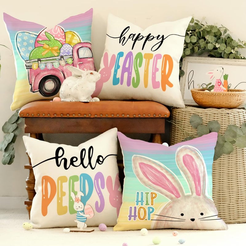 GEEORY Happy Easter Pillow Covers 18x18 Inch Set of 4, Rabbits Bunny Hello Peeps Eggs Truck Striped Hip Hop Farmhouse Decorative Throw Pillowcases for Home Sofa Couch Decoration G482-18 - Image 3