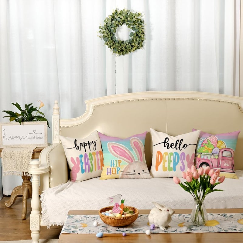 GEEORY Happy Easter Pillow Covers 18x18 Inch Set of 4, Rabbits Bunny Hello Peeps Eggs Truck Striped Hip Hop Farmhouse Decorative Throw Pillowcases for Home Sofa Couch Decoration G482-18 - Image 4