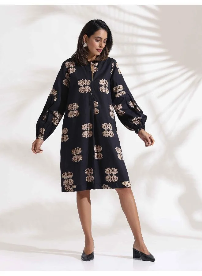 ترو برونز trueBrowns Black Cotton Print Short Dress