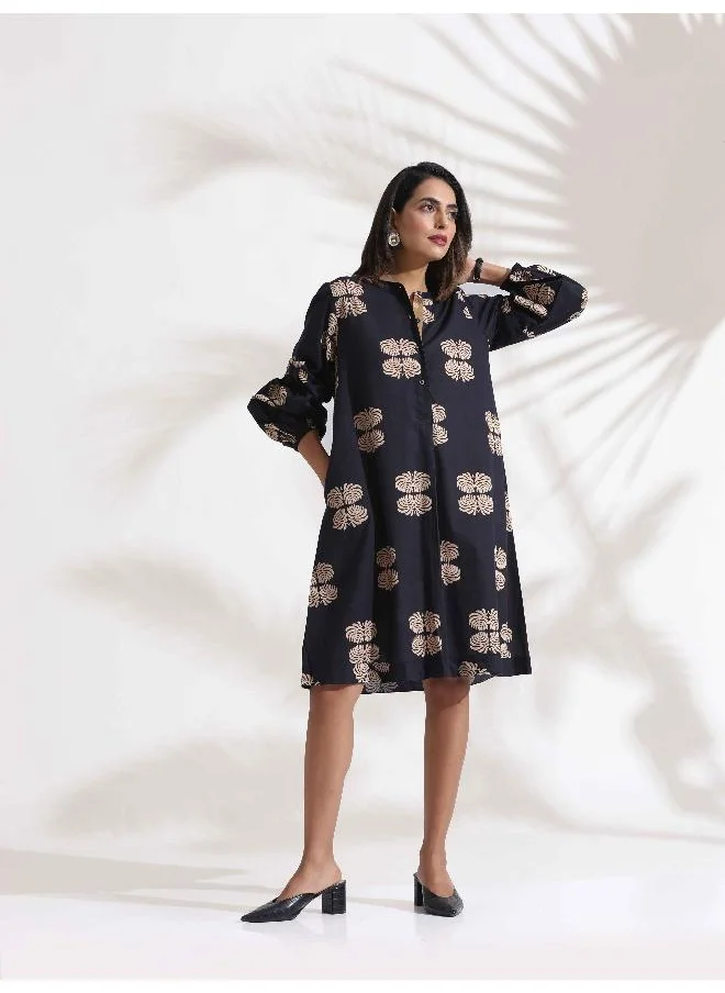 ترو برونز trueBrowns Black Cotton Print Short Dress