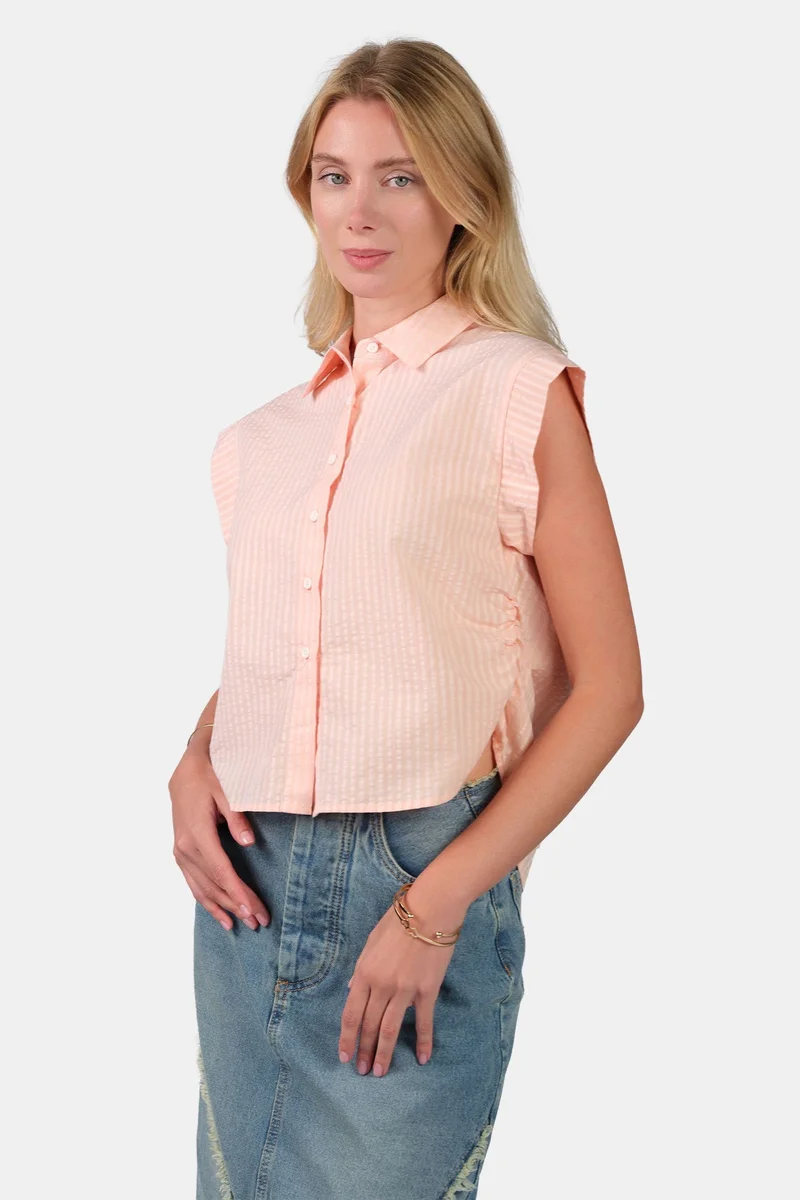 Virgio  Stripes Cotton Ruched Shirt for Women for Women | Best Price UAE
