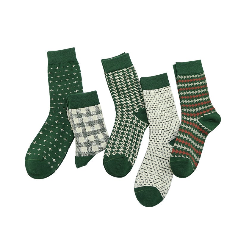 YSS Women's Combed Cotton Mid-Calf Socks, Japanese British Style Plaid Green - Image 5