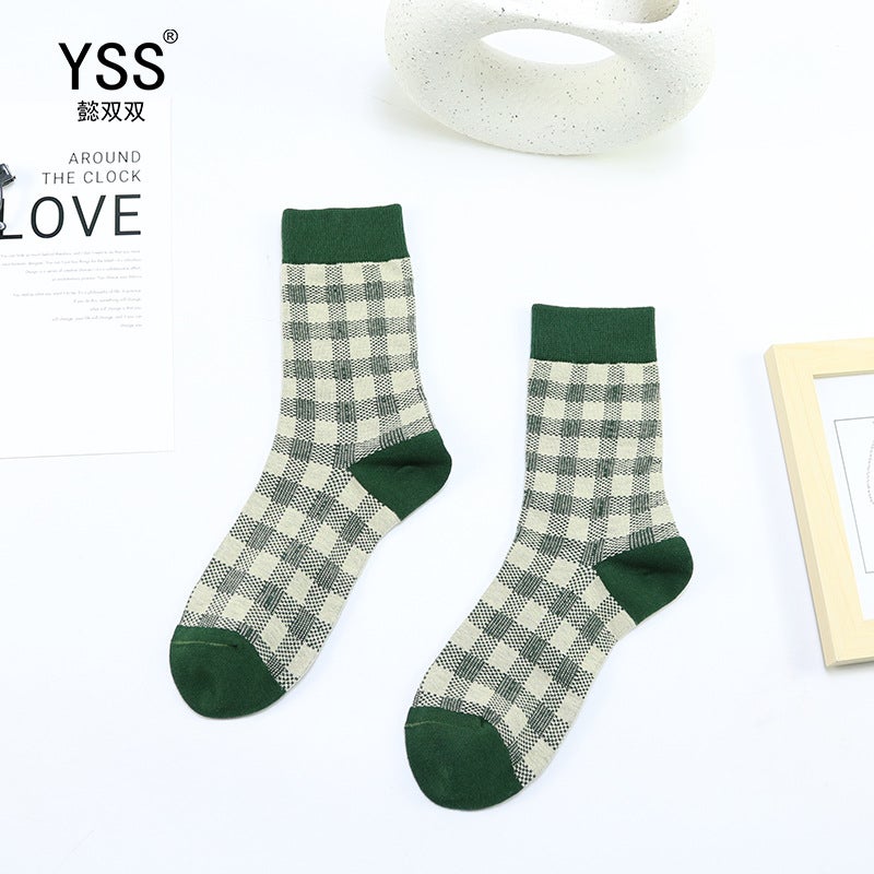 YSS Women's Combed Cotton Mid-Calf Socks, Japanese British Style Plaid Green - Image 1