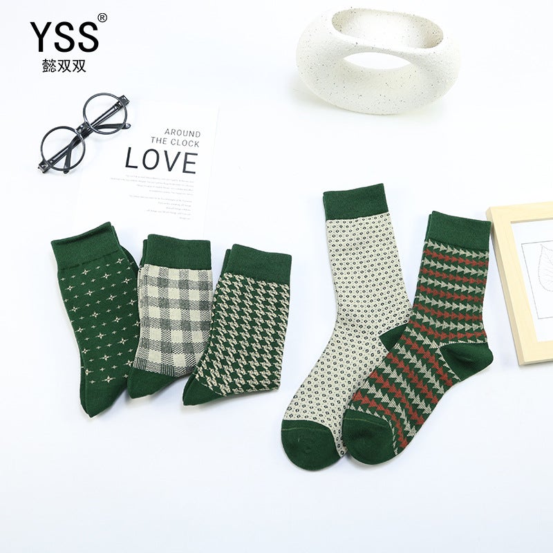 YSS Women's Combed Cotton Mid-Calf Socks, Japanese British Style Plaid Green - Image 2
