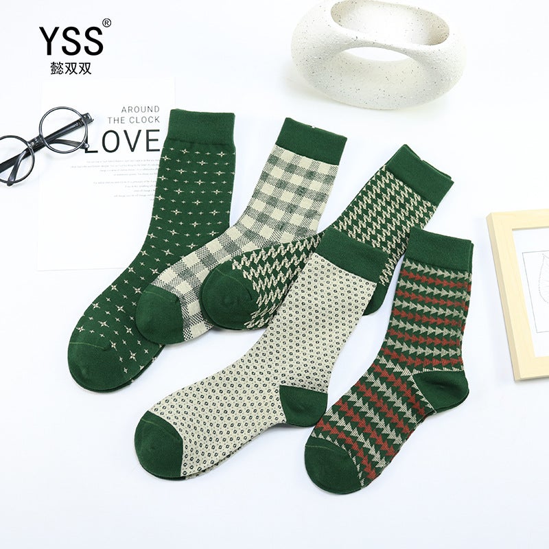 YSS Women's Combed Cotton Mid-Calf Socks, Japanese British Style Plaid Green - Image 3