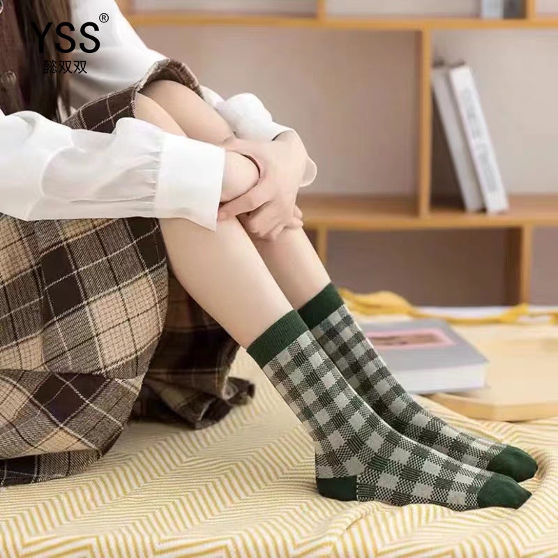 YSS Women's Combed Cotton Mid-Calf Socks, Japanese British Style Plaid Green - Image 4