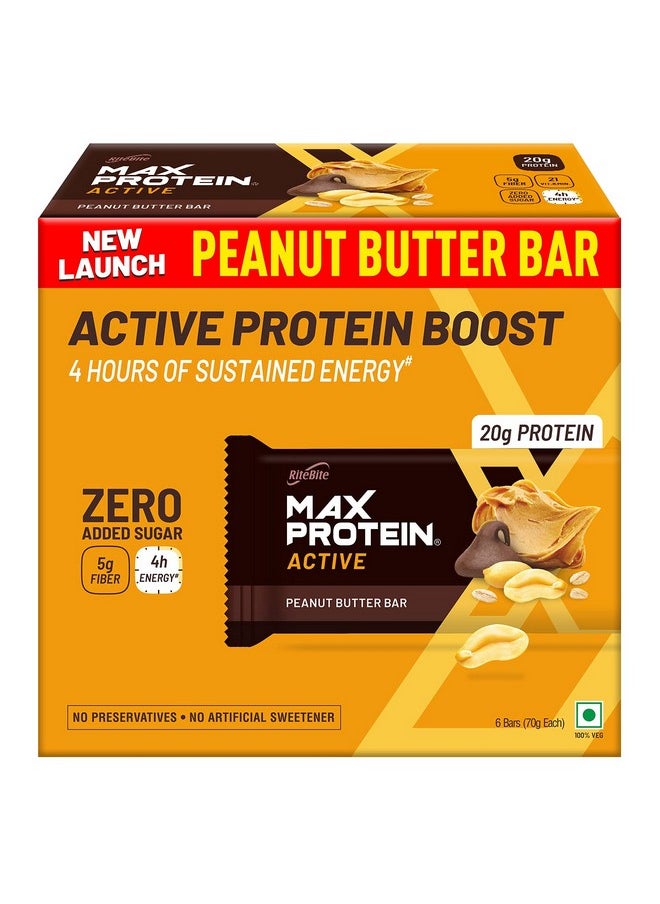 RiteBite Max Protein Active Peanut Butter Protein Bars With 20G Protein, 5G Fiber & 21 Vit. & Minerals | 0 Added Sugar, No Cholesterol & Trans Fat For Upto 4H Of Energy, Healthy Snack, 70G (Pack Of 6)  - Image 1