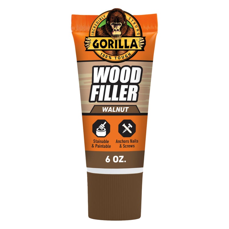 Gorilla All Purpose Wood Filler Walnut Color 6 Ounce Tube Pack of 1 Water Resistant for Indoor or Outdoor Projects and Repairs