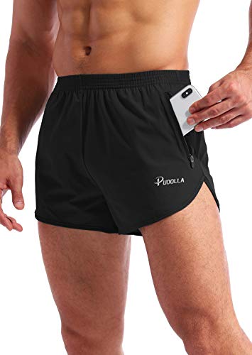 Pudolla Men’s Running Shorts 3 Inch Quick Dry Gym Athletic Workout Shorts for Men with Zipper Pockets(Black Large) - Image 1