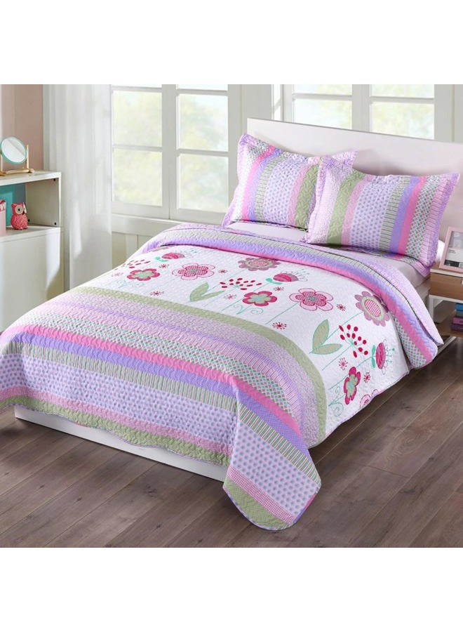 MarCielo 3 Piece Kids Bedspread Quilts Set Throw Blanket for Teens Girls Bed Printed Bedding Coverlet, Full Size, Purple Floral Striped (Full) - Image 2