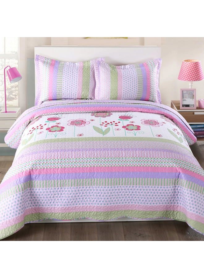 MarCielo 3 Piece Kids Bedspread Quilts Set Throw Blanket for Teens Girls Bed Printed Bedding Coverlet, Full Size, Purple Floral Striped (Full) - Image 1